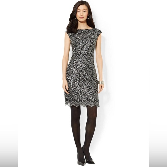 Lauren Ralph Lauren Cocktail Dress Size 6 Scalloped Metallic Lace Event Evening - Picture 9 of 9